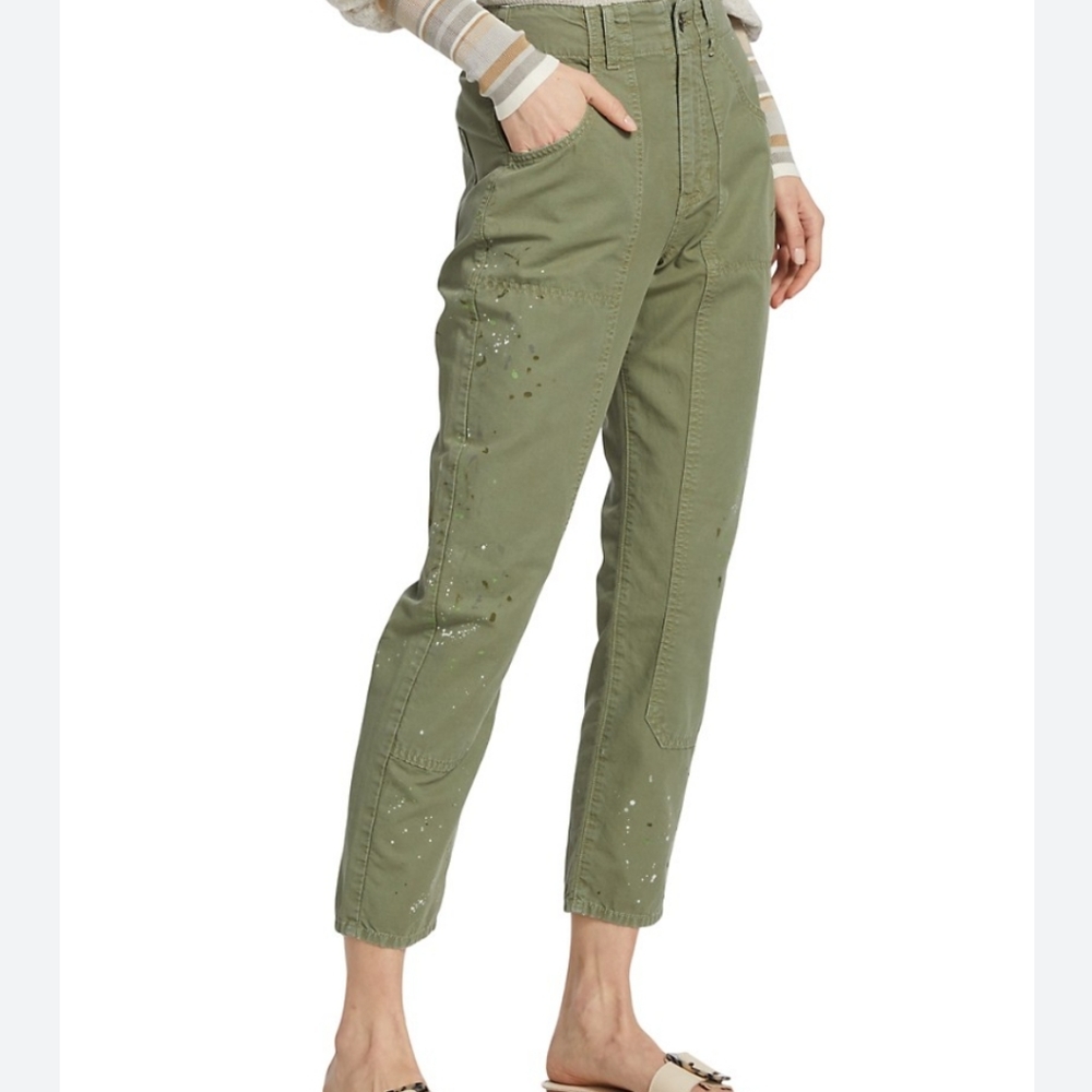 NWT Veronica Beard Arya Splattered Twill Straight-Leg Carpenter Jeans Clover…